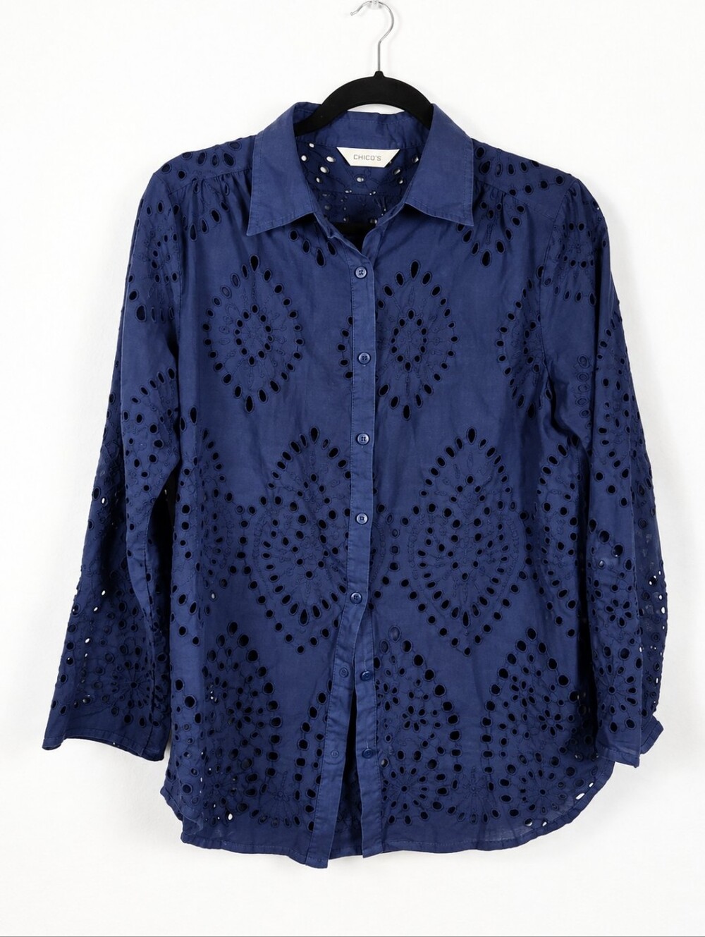 Adiva Navy Eyelet Button Down Shirt Cotton Boho Cottagecore Beach Cover Up M